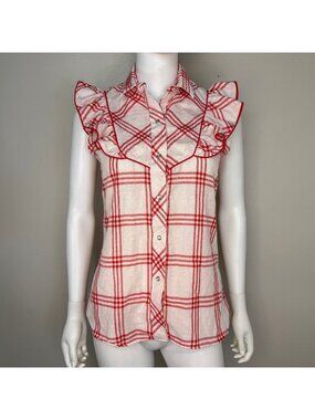 Vintage 1980s/90s White and Red Plaid Sleeveless Western Blouse, Ruffles, Karman